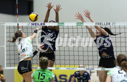 Volleyball Bundesliga. WVL. Women Volleyball League.  ATSC Wildcats gegen  Graz. Oluwadamilola Awojobi, Leonie Rabitsch (Wildcats). Klagenfurt, am 11.10.2025.
Foto: Kuess
www.qspictures.net
---
pressefotos, pressefotografie, kuess, qs, qspictures, sport, bild, bilder, bilddatenbank