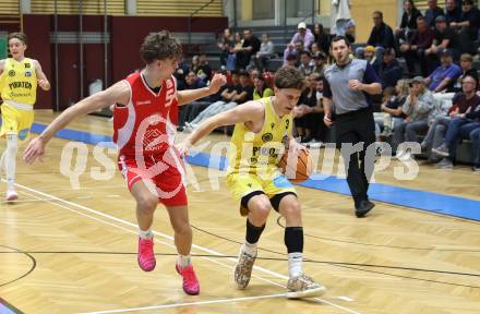 Basketball 2. Liga 2025/2026. Grunddurchgang 3. Runde.  Woerthersee Piraten gegen Upper Austrian Ballers.  Lukas Simoner  (Piraten),  Valentin Passek  (Upper Austrian Ballers). Klagenfurt, am 18.10.2025.
Foto: Kuess
---
pressefotos, pressefotografie, kuess, qs, qspictures, sport, bild, bilder, bilddatenbank