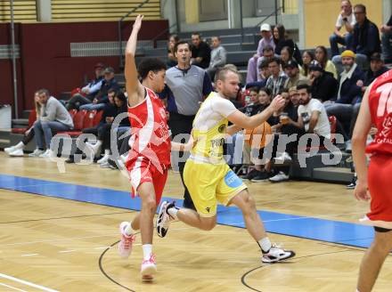 Basketball 2. Liga 2025/2026. Grunddurchgang 3. Runde.  Woerthersee Piraten gegen Upper Austrian Ballers.  Tim Huber  (Piraten),  Julian Wesby  (Upper Austrian Ballers). Klagenfurt, am 18.10.2025.
Foto: Kuess
---
pressefotos, pressefotografie, kuess, qs, qspictures, sport, bild, bilder, bilddatenbank