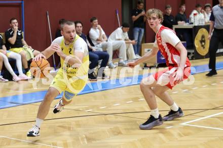 Basketball 2. Liga 2025/2026. Grunddurchgang 3. Runde.  Woerthersee Piraten gegen Upper Austrian Ballers. Tim Huber  (Piraten), Paul Lammer  (Upper Austrian Ballers). Klagenfurt, am 18.10.2025.
Foto: Kuess
---
pressefotos, pressefotografie, kuess, qs, qspictures, sport, bild, bilder, bilddatenbank