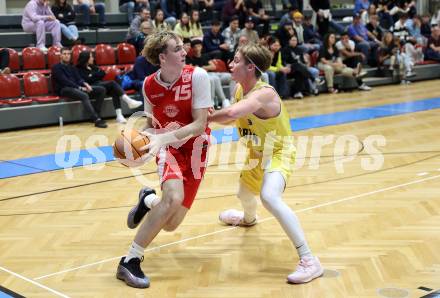 Basketball 2. Liga 2025/2026. Grunddurchgang 3. Runde.  Woerthersee Piraten gegen Upper Austrian Ballers.  Emilio Rozmann  (Piraten), Paul Lammer  (Upper Austrian Ballers). Klagenfurt, am 18.10.2025.
Foto: Kuess
---
pressefotos, pressefotografie, kuess, qs, qspictures, sport, bild, bilder, bilddatenbank