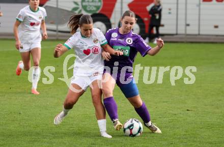 Fussball. Frauen.  2. Bundesliga. SK Austria Klagenfurt gegen Rapid Wien. Annika Buerger (Klagenfurt), Ilvy Taucher   (Rapid Wien).  Klagenfurt, 19.10.2025.
Foto: Kuess
www.qspictures.net
---
pressefotos, pressefotografie, kuess, qs, qspictures, sport, bild, bilder, bilddatenbank