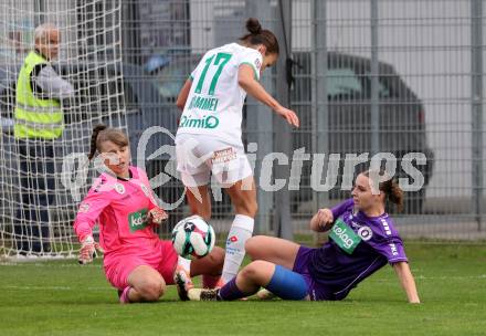 Fussball. Frauen.  2. Bundesliga. SK Austria Klagenfurt gegen Rapid Wien. Anja Meier, Annika Buerger  (Klagenfurt), Lisa Rammel   (Rapid Wien).  Klagenfurt, 19.10.2025.
Foto: Kuess
www.qspictures.net
---
pressefotos, pressefotografie, kuess, qs, qspictures, sport, bild, bilder, bilddatenbank