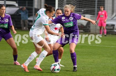 Fussball. Frauen.  2. Bundesliga. SK Austria Klagenfurt gegen Rapid Wien. Ashley Stewart  (Klagenfurt),  Lisa Rammel   (Rapid Wien).  Klagenfurt, 19.10.2025.
Foto: Kuess
www.qspictures.net
---
pressefotos, pressefotografie, kuess, qs, qspictures, sport, bild, bilder, bilddatenbank