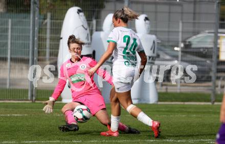 Fussball. Frauen.  2. Bundesliga. SK Austria Klagenfurt gegen Rapid Wien. Anja Meier  (Klagenfurt),  Aldijana Masinovic  (Rapid Wien).  Klagenfurt, 19.10.2025.
Foto: Kuess
www.qspictures.net
---
pressefotos, pressefotografie, kuess, qs, qspictures, sport, bild, bilder, bilddatenbank