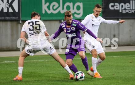 Fussball 2. Liga. SK Austria Klagenfurt gegen SK Sturm Graz II.  Marc Andre Schmerboeck  (Klagenfurt), Luca Weinhandl.  Kristjan Bendra   (Graz).  Klagenfurt, 24.10..2025.
Foto: Kuess
www.qspictures.net
---
pressefotos, pressefotografie, kuess, qs, qspictures, sport, bild, bilder, bilddatenbank