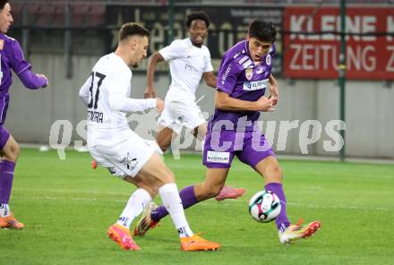 Fussball 2. Liga. SK Austria Klagenfurt gegen SK Sturm Graz II. Aidan Liu  (Klagenfurt), Kristjan Bendra   (Graz).  Klagenfurt, 24.10..2025.
Foto: Kuess
www.qspictures.net
---
pressefotos, pressefotografie, kuess, qs, qspictures, sport, bild, bilder, bilddatenbank