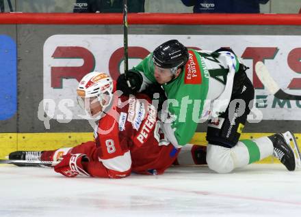 Eishockey ICE Bundesliga. KAC gegen Olimpija Ljubljana.  Nicholas Eric Petersen (KAC),  Aljosa Crnovic (Olimpija Ljubljana). Klagenfurt, am 26.10.2025
Foto: Kuess
---
pressefotos, pressefotografie, kuess, qs, qspictures, sport, bild, bilder, bilddatenbank