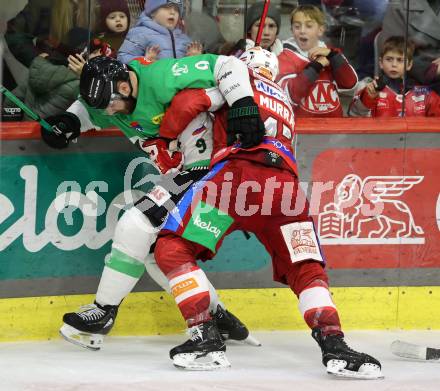 Eishockey ICE Bundesliga. KAC gegen Olimpija Ljubljana.  Jordan Murray (KAC),  Evan Polei (Olimpija Ljubljana). Klagenfurt, am 26.10.2025
Foto: Kuess
---
pressefotos, pressefotografie, kuess, qs, qspictures, sport, bild, bilder, bilddatenbank