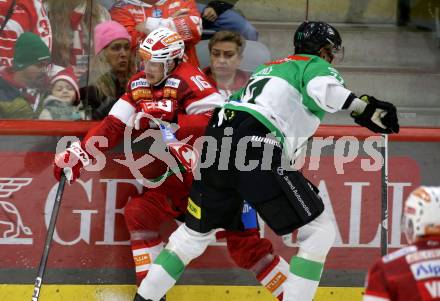 Eishockey ICE Bundesliga. KAC gegen Olimpija Ljubljana.  Simeon Schwinger (KAC), Ziga Mehle  (Olimpija Ljubljana). Klagenfurt, am 26.10.2025
Foto: Kuess
---
pressefotos, pressefotografie, kuess, qs, qspictures, sport, bild, bilder, bilddatenbank