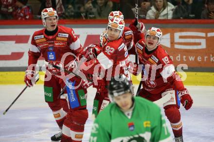Eishockey ICE Bundesliga. KAC gegen Olimpija Ljubljana.  Torjubel David Waschnig, Clemens Unterweger, Tobias Sablattnig (KAC),    Klagenfurt, am 26.10.2025
Foto: Kuess
---
pressefotos, pressefotografie, kuess, qs, qspictures, sport, bild, bilder, bilddatenbank