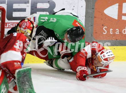 Eishockey ICE Bundesliga. KAC gegen Olimpija Ljubljana.  Finn van Ee (KAC), Marly Quince  (Olimpija Ljubljana). Klagenfurt, am 26.10.2025
Foto: Kuess
---
pressefotos, pressefotografie, kuess, qs, qspictures, sport, bild, bilder, bilddatenbank