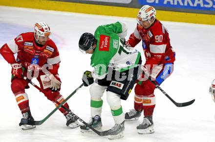 Eishockey ICE Bundesliga. KAC gegen Olimpija Ljubljana. Jordan Murray,  Matthew Fraser (KAC),  Ziga Mehle (Olimpija Ljubljana). Klagenfurt, am 26.10.2025
Foto: Kuess
---
pressefotos, pressefotografie, kuess, qs, qspictures, sport, bild, bilder, bilddatenbank