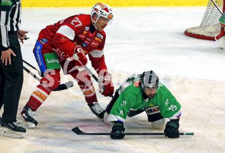Eishockey ICE Bundesliga. KAC gegen Olimpija Ljubljana. Thomas Hundertpfund  (KAC),  Alex Petan (Olimpija Ljubljana). Klagenfurt, am 26.10.2025
Foto: Kuess
---
pressefotos, pressefotografie, kuess, qs, qspictures, sport, bild, bilder, bilddatenbank