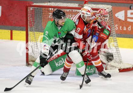 Eishockey ICE Bundesliga. KAC gegen Olimpija Ljubljana.  Jan Mursak (KAC), Lovro Kumanovic  (Olimpija Ljubljana). Klagenfurt, am 26.10.2025
Foto: Kuess
---
pressefotos, pressefotografie, kuess, qs, qspictures, sport, bild, bilder, bilddatenbank