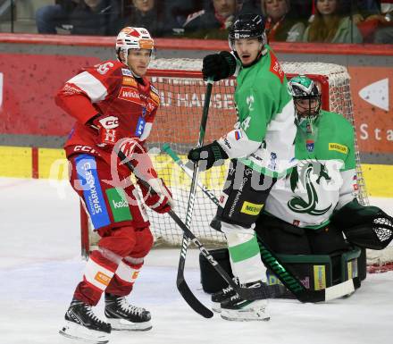 Eishockey ICE Bundesliga. KAC gegen Olimpija Ljubljana.  Simeon Schwinger (KAC),  Jan Cosic, Horak Lukas (Olimpija Ljubljana). Klagenfurt, am 26.10.2025
Foto: Kuess
---
pressefotos, pressefotografie, kuess, qs, qspictures, sport, bild, bilder, bilddatenbank