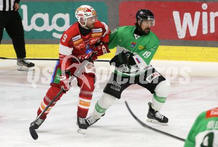 Eishockey ICE Bundesliga.  Winn2day ICE Hockey League. KAC gegen Olympia Ljubljana. Jan Mursak  (KAC), Alex Petan   (Ljubljana). Klagenfurt, am 26.10.2025.
Foto: Kuess
www.qspictures.net
---
pressefotos, pressefotografie, kuess, qs, qspictures, sport, bild, bilder, bilddatenbank
