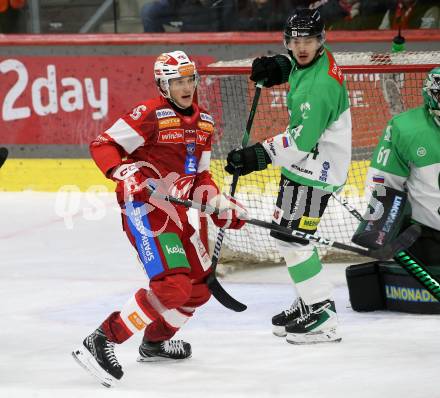 Eishockey ICE Bundesliga.  Winn2day ICE Hockey League. KAC gegen Olympia Ljubljana.  Simeon Schwinger  (KAC),   Jan Cosic (Ljubljana). Klagenfurt, am 26.10.2025.
Foto: Kuess
www.qspictures.net
---
pressefotos, pressefotografie, kuess, qs, qspictures, sport, bild, bilder, bilddatenbank