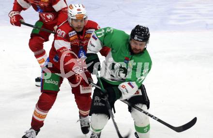 Eishockey ICE Bundesliga.  Winn2day ICE Hockey League. KAC gegen Olympia Ljubljana. Matthew Fraser  (KAC),  Marly Quince  (Ljubljana). Klagenfurt, am 26.10.2025.
Foto: Kuess
www.qspictures.net
---
pressefotos, pressefotografie, kuess, qs, qspictures, sport, bild, bilder, bilddatenbank