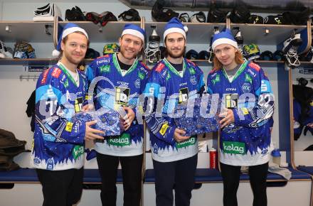 Eishockey Bundesliga. VSV. John Hughes, Guus Van Nes,  Maximilian Rebernig, Nikita Scherbak. Villach, am 16.12.2024.
Foto: Kuess
---
pressefotos, pressefotografie, kuess, qs, qspictures, sport, bild, bilder, bilddatenbank