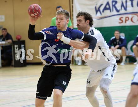 Handball Bundesliga. HLA. SC Ferlach gegen Voeslau.  David Gysin  (SCF),  Jonas Dell  (Voeslau).  Ferlach, am 8.11.2025.
Foto: Kuess
www.qspictures.net
---
pressefotos, pressefotografie, kuess, qs, qspictures, sport, bild, bilder, bilddatenbank