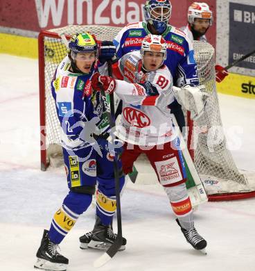 Eishockey ICE Bundesliga.  Winn2day ICE Hockey League. VSV gegen KAC.  Dylan Macpherson  (VSV),  Finn Van Ee  (KAC). Villach am 14.11.2025.
Foto: Kuess
www.qspictures.net
---
pressefotos, pressefotografie, kuess, qs, qspictures, sport, bild, bilder, bilddatenbank