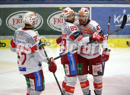 Eishockey ICE Bundesliga.  Winn2day ICE Hockey League. VSV gegen KAC. Torjubel Thomas Hundertpfund, Raphael Herburger, Jordan Murray   (KAC). Villach am 14.11.2025.
Foto: Kuess
www.qspictures.net
---
pressefotos, pressefotografie, kuess, qs, qspictures, sport, bild, bilder, bilddatenbank