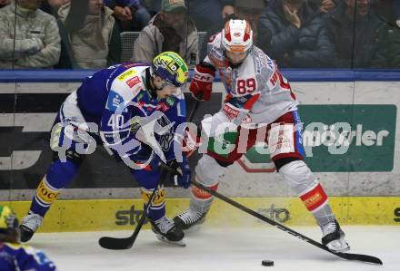Eishockey ICE Bundesliga.  Winn2day ICE Hockey League. VSV gegen KAC. Elias Wallenta   (VSV),  Raphael Herburger   (KAC). Villach am 14.11.2025.
Foto: Kuess
www.qspictures.net
---
pressefotos, pressefotografie, kuess, qs, qspictures, sport, bild, bilder, bilddatenbank