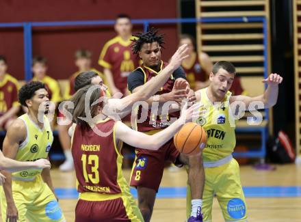 Basketball 2. Liga 2025/2026. Grunddurchgang 7. Runde.  Woerthersee Piraten gegen Traiskirchen Lions NexGen. Marcus Holyfield , Andreas Nuck, David Jelkic  (Piraten),  Jamie Onyemaechi, Herohii Tverdokhlibov (Traiskirchen). Klagenfurt, am 15.11.2025.
Foto: Kuess
---
pressefotos, pressefotografie, kuess, qs, qspictures, sport, bild, bilder, bilddatenbank