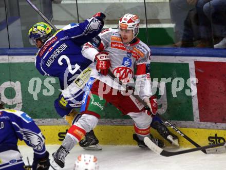Eishockey ICE Bundesliga.  Winn2day ICE Hockey League. VSV gegen KAC.  Dylan Macpherson  (VSV),  Finn Van Ee  (KAC). Villach am 14.11.2025.
Foto: Kuess
www.qspictures.net
---
pressefotos, pressefotografie, kuess, qs, qspictures, sport, bild, bilder, bilddatenbank