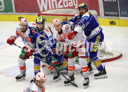 Eishockey ICE Bundesliga.  Winn2day ICE Hockey League. VSV gegen KAC. Maximilian Rebernig, Adam Helewka   (VSV),  Thimo Nickl, Jesper Jensen Aabo   (KAC). Villach am 14.11.2025.
Foto: Kuess
www.qspictures.net
---
pressefotos, pressefotografie, kuess, qs, qspictures, sport, bild, bilder, bilddatenbank