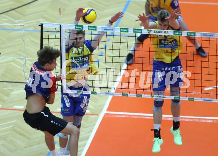 Volleyball Bundesliga. AVL. Austrian Volleyball League.   Aich/Dob gegen VBK Kelag Woerther-See-Loewen Klagenfurt.  Jiri Srb, Tobias Marian Reinstadler (Aich/Dob), Erik Benedikt Kolev  (VBK Klagenfurt). Bleiburg, am 15.11.2025.
Foto: Kuess
www.qspictures.net
---
pressefotos, pressefotografie, kuess, qs, qspictures, sport, bild, bilder, bilddatenbank