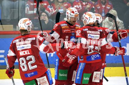Eishockey ICE Bundesliga.  Winn2day ICE Hockey League. KAC gegen Vienna Capitals. Torjubel Thimo Nickl, Thomas Hundertpfund, Clemens Unterweger, Raphael Herburger   (KAC). Klagenfurt am 21.11.2025.
Foto: Kuess
www.qspictures.net
---
pressefotos, pressefotografie, kuess, qs, qspictures, sport, bild, bilder, bilddatenbank