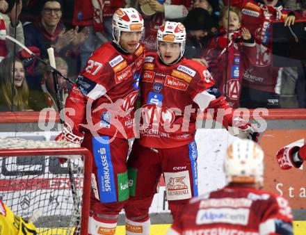 Eishockey ICE Bundesliga.  Winn2day ICE Hockey League. KAC gegen Vienna Capitals.  Torjubel Finn Van Ee, Thomas Hundertpfund  (KAC). Klagenfurt am 21.11.2025.
Foto: Kuess
www.qspictures.net
---
pressefotos, pressefotografie, kuess, qs, qspictures, sport, bild, bilder, bilddatenbank