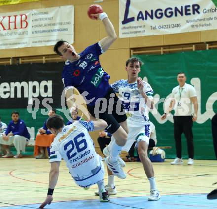 Handball Bundesliga. HLA. SC Ferlach gegen Linz. Toni Perkusic (SCF), Lucijan Fizuleto  (Linz).  Ferlach, am 22.11.2025.
Foto: Kuess
www.qspictures.net
---
pressefotos, pressefotografie, kuess, qs, qspictures, sport, bild, bilder, bilddatenbank