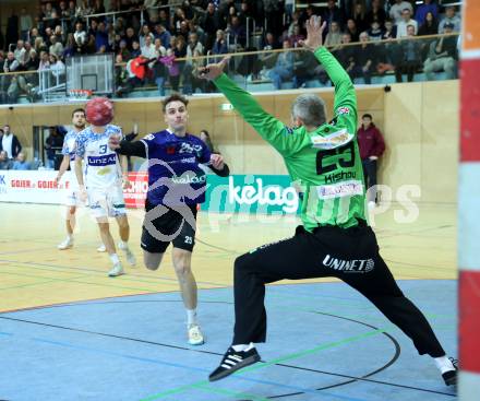 Handball Bundesliga. HLA. SC Ferlach gegen Linz. Florian Ploner (SCF), Aliaksei Kishou   (Linz).  Ferlach, am 22.11.2025.
Foto: Kuess
www.qspictures.net
---
pressefotos, pressefotografie, kuess, qs, qspictures, sport, bild, bilder, bilddatenbank