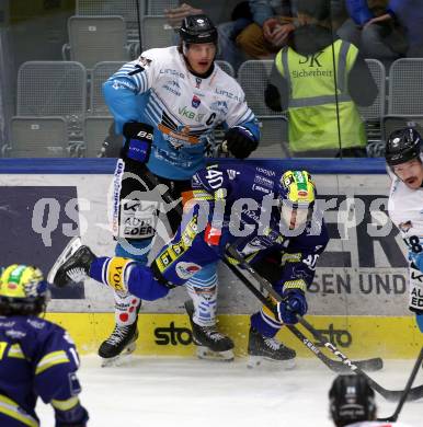 Eishockey ICE Bundesliga.  Winn2day ICE Hockey League. VSV gegen Black Wings Linz.  Elias Wallenta  (VSV),  Brian Lebler   (Linz). Villach am 28.11.2025.
Foto: Kuess
www.qspictures.net
---
pressefotos, pressefotografie, kuess, qs, qspictures, sport, bild, bilder, bilddatenbank