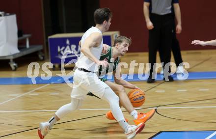 Basketball 2. Liga 2025/2026. Grunddurchgang 8. Runde.  KOS gegen Dornbirn Lions.  Simon Siencnik (KOS),  Valentin Pils  (Dornbirn). Klagenfurt, am 29.11.2025.
Foto: Kuess
---
pressefotos, pressefotografie, kuess, qs, qspictures, sport, bild, bilder, bilddatenbank