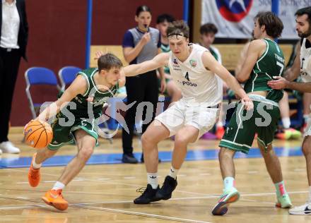 Basketball 2. Liga 2025/2026. Grunddurchgang 8. Runde.  KOS gegen Dornbirn Lions.  Samuel Seher (KOS), Valentin Pils  (Dornbirn). Klagenfurt, am 29.11.2025.
Foto: Kuess
---
pressefotos, pressefotografie, kuess, qs, qspictures, sport, bild, bilder, bilddatenbank