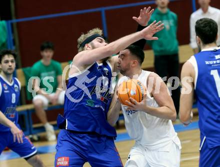 Basketball 2. Liga 2025/2026. Grunddurchgang 9. Runde.  KOS gegen Kufstein Towers.  Veljko Dena (KOS),  Juho-Matti Henttonen  (Kufstein). Klagenfurt, am 8.12.2025.
Foto: Kuess
---
pressefotos, pressefotografie, kuess, qs, qspictures, sport, bild, bilder, bilddatenbank