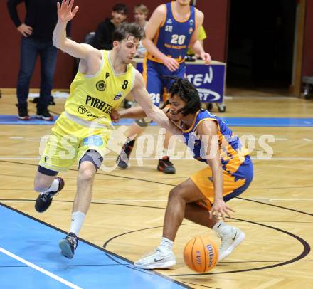 Basketball 2. Liga 2025/2026. Grunddurchgang 8. Runde. W&Atilde;&para;rthersee Piraten  gegen BBU Salzburg. Elias Podany   (Piraten), Samuel Gatterbauer (Salzburg). Klagenfurt, am 13.12.2025.
Foto: Kuess
---
pressefotos, pressefotografie, kuess, qs, qspictures, sport, bild, bilder, bilddatenbank