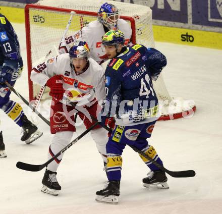 Eishockey ICE Bundesliga.  Winn2day ICE Hockey League. VSV gegen EC Red Bull Salzburg. Elias Wallenta   (VSV), Dennis Robertson   (RBS). Villach am 12.12.2025.
Foto: Kuess
www.qspictures.net
---
pressefotos, pressefotografie, kuess, qs, qspictures, sport, bild, bilder, bilddatenbank