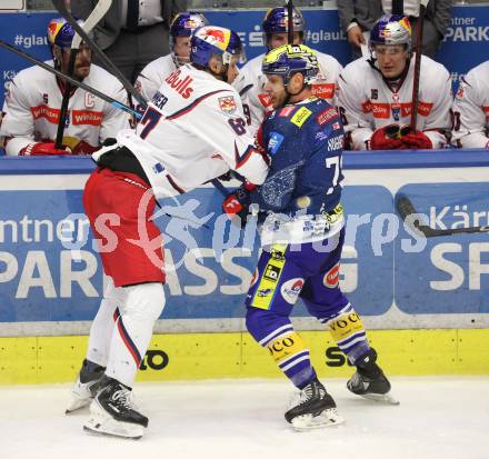 Eishockey ICE Bundesliga.  Winn2day ICE Hockey League. VSV gegen EC Red Bull Salzburg.  John Hughes  (VSV), Philipp Wimmer   (RBS). Villach am 12.12.2025.
Foto: Kuess
www.qspictures.net
---
pressefotos, pressefotografie, kuess, qs, qspictures, sport, bild, bilder, bilddatenbank