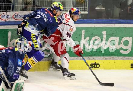Eishockey ICE Bundesliga.  Winn2day ICE Hockey League. VSV gegen EC Red Bull Salzburg. Dylan Macpherson  (VSV),  Lukas Thaler  (RBS). Villach am 12.12.2025.
Foto: Kuess
www.qspictures.net
---
pressefotos, pressefotografie, kuess, qs, qspictures, sport, bild, bilder, bilddatenbank