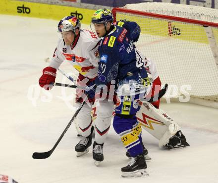 Eishockey ICE Bundesliga.  Winn2day ICE Hockey League. VSV gegen EC Red Bull Salzburg.  Elias Wallenta  (VSV), Dennis Robertson   (RBS). Villach am 12.12.2025.
Foto: Kuess
www.qspictures.net
---
pressefotos, pressefotografie, kuess, qs, qspictures, sport, bild, bilder, bilddatenbank