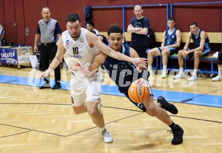 Basketball 2. Liga 2025/2026. Grunddurchgang 11. Runde.  KOS Celovec gegen Vienna Timberwolves.  Veljko Dena (KOS),  Tyron Unger (Vienna). Klagenfurt, am 20.12.2025.
Foto: Kuess
---
pressefotos, pressefotografie, kuess, qs, qspictures, sport, bild, bilder, bilddatenbank