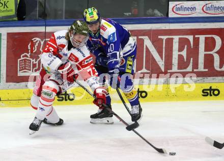 Eishockey ICE Bundesliga.  Winn2day ICE Hockey League. VSV gegen HCB Suedtirol Alperia  Elias Wallenta (VSV),  Philip Samuelsson  (Bozen). Villach, am 28.12.2025.
Foto: Kuess
www.qspictures.net
---
pressefotos, pressefotografie, kuess, qs, qspictures, sport, bild, bilder, bilddatenbank