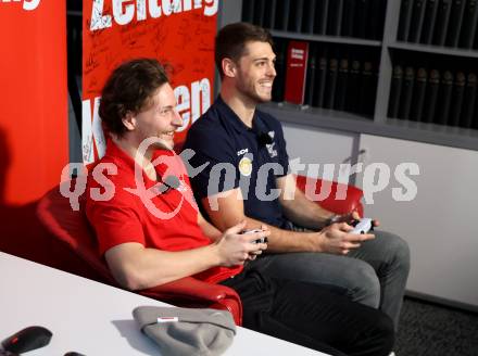 Eishockey ICE Bundesliga.  Winn2day ICE Hockey League. Vorschaufotos Derby  KAC gegen VSV.  David Maier (KAC), Thomas Vallant (VSV). Klagenfurt, am 28.11.2025.
Foto: Kuess
www.qspictures.net
---
pressefotos, pressefotografie, kuess, qs, qspictures, sport, bild, bilder, bilddatenbank