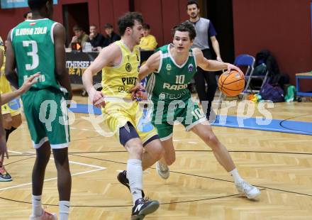 Basketball 2. Liga 2025/2026. Grunddurchgang 12. Runde.  Woerthersee Piraten gegen Basketball Klub Rapid Wien. Elias Podany  (Piraten),  Samuel Camagni (Wien). Klagenfurt, am 6.1.2026
Foto: Kuess
---
pressefotos, pressefotografie, kuess, qs, qspictures, sport, bild, bilder, bilddatenbank