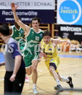 Basketball 2. Liga 2025/2026. Grunddurchgang 12. Runde.  Woerthersee Piraten gegen Basketball Klub Rapid Wien. Elias Podany  (Piraten), Samuel Camagni  (Wien). Klagenfurt, am 6.1.2026
Foto: Kuess
---
pressefotos, pressefotografie, kuess, qs, qspictures, sport, bild, bilder, bilddatenbank